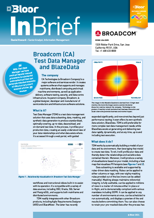 Cover for Broadcom (CA) Test Data Manager and Blaze Data (2021)